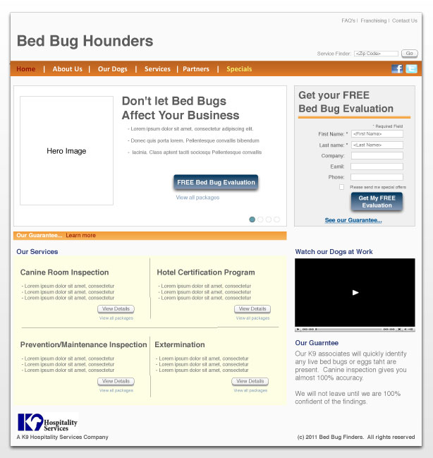 Bed Bug Hounders Homepage Wireframe